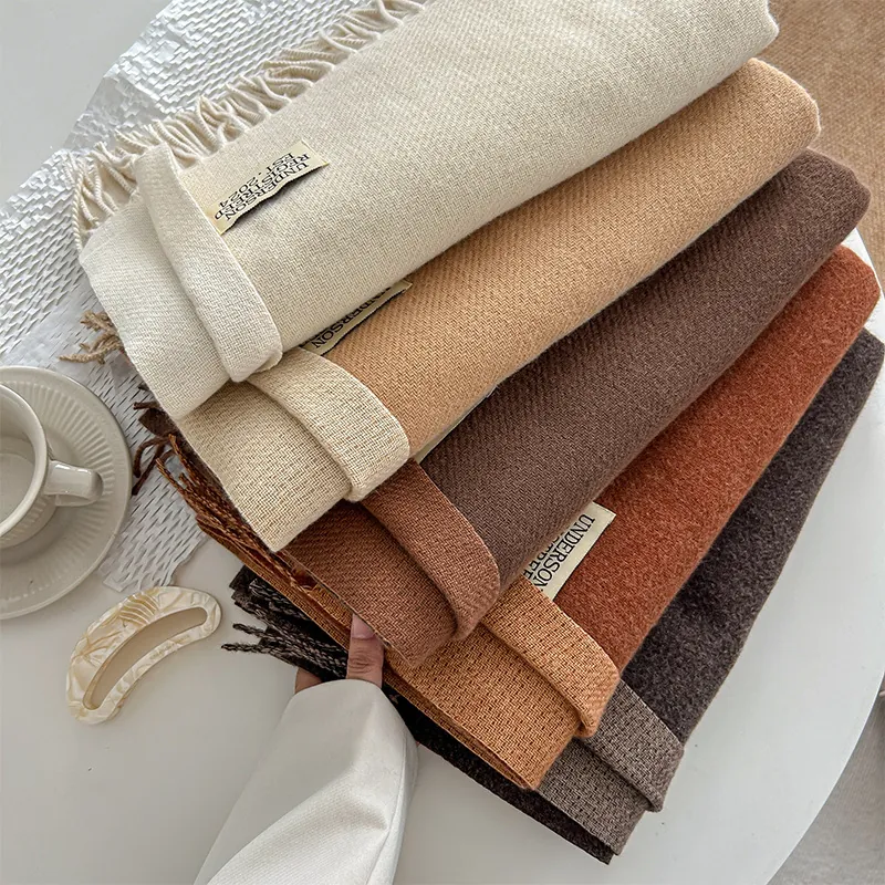 Scarf Imitation Cashmere Double Sided Warm Thickened Long Tassel Solid Color Simple Elegant Versatile Women