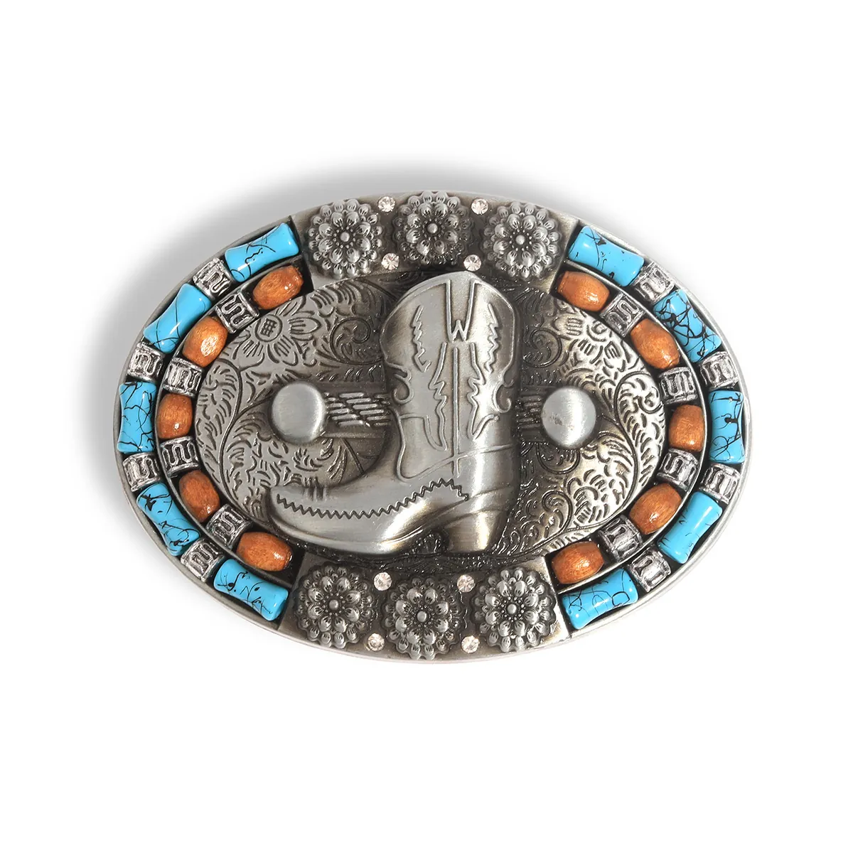 Western Cowboy Belt Buckle Vintage Oval Zinc Alloy Relief Boot Turquoise Wood Bead Inlaid Accessory For Men Women