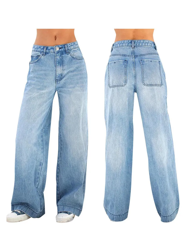Women Wide Leg Jeans High Waist Cotton Denim Pants Loose Retro Washed Vintage Straight Long Trousers Casual Fashion