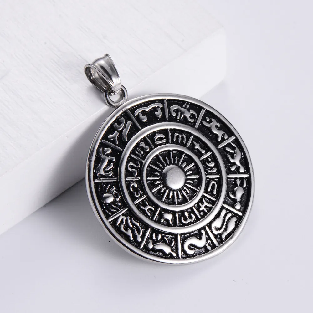 Vintage Nordic Viking Mythology Zodiac Sun Round Plate Rune Pendant Stainless Steel Necklace Retro Jewelry For Men