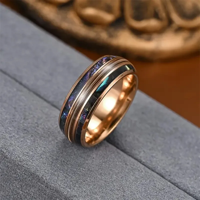 Vintage Rose Gold Stainless Steel Ring With Guitar String And Colorful Inlay Trendy Unisex Finger Jewelry
