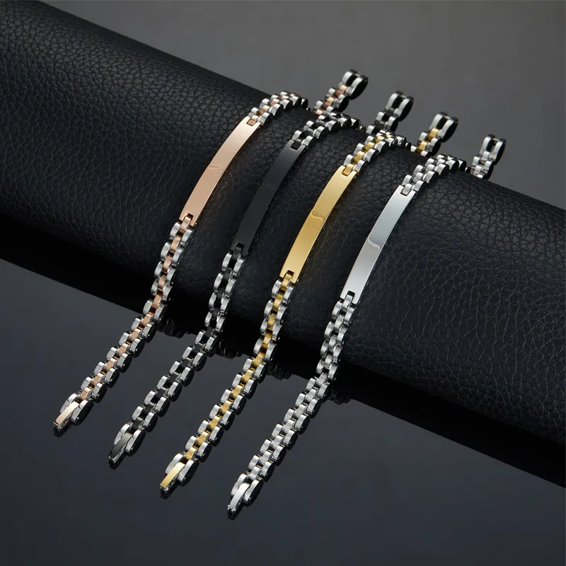 Stainless Steel Watchband Link Bracelet With Curved ID Plate Polished 316L Metal Chain Fashion Jewelry For Men And Women