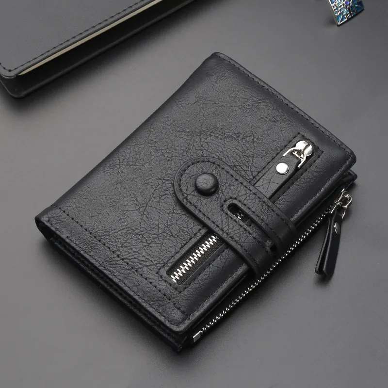 Men Bifold Wallet PU Leather Business Casual Short Purse With Multi Card Slots Zipper Pockets Snap Button Closure