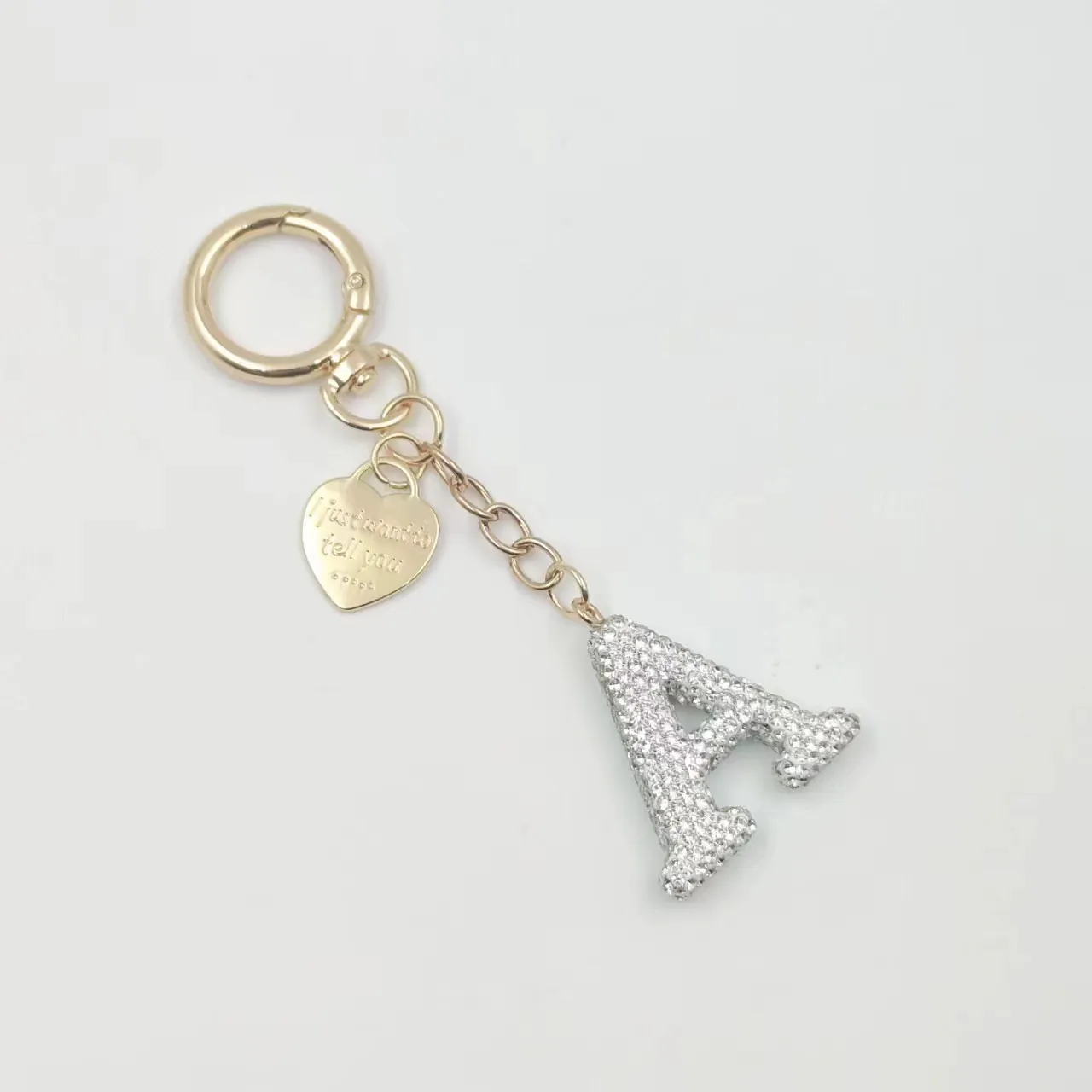 Initial Letter Keychain Rhinestone Encrusted Heart Charm Gold Silver Tone Bag Hanging Accessory Fashion Gift Women