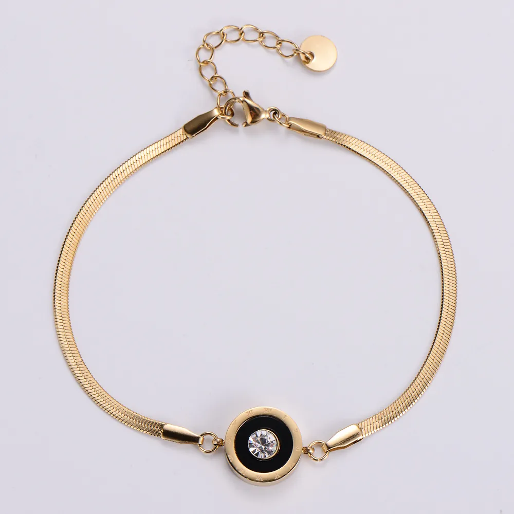 Bracelet Chaîne Serpent En Acier Inoxydable Plaqué Or 18K Avec Pendentif Rond À Chiffres Romains Et Incrustation De Zircon Mode Femme