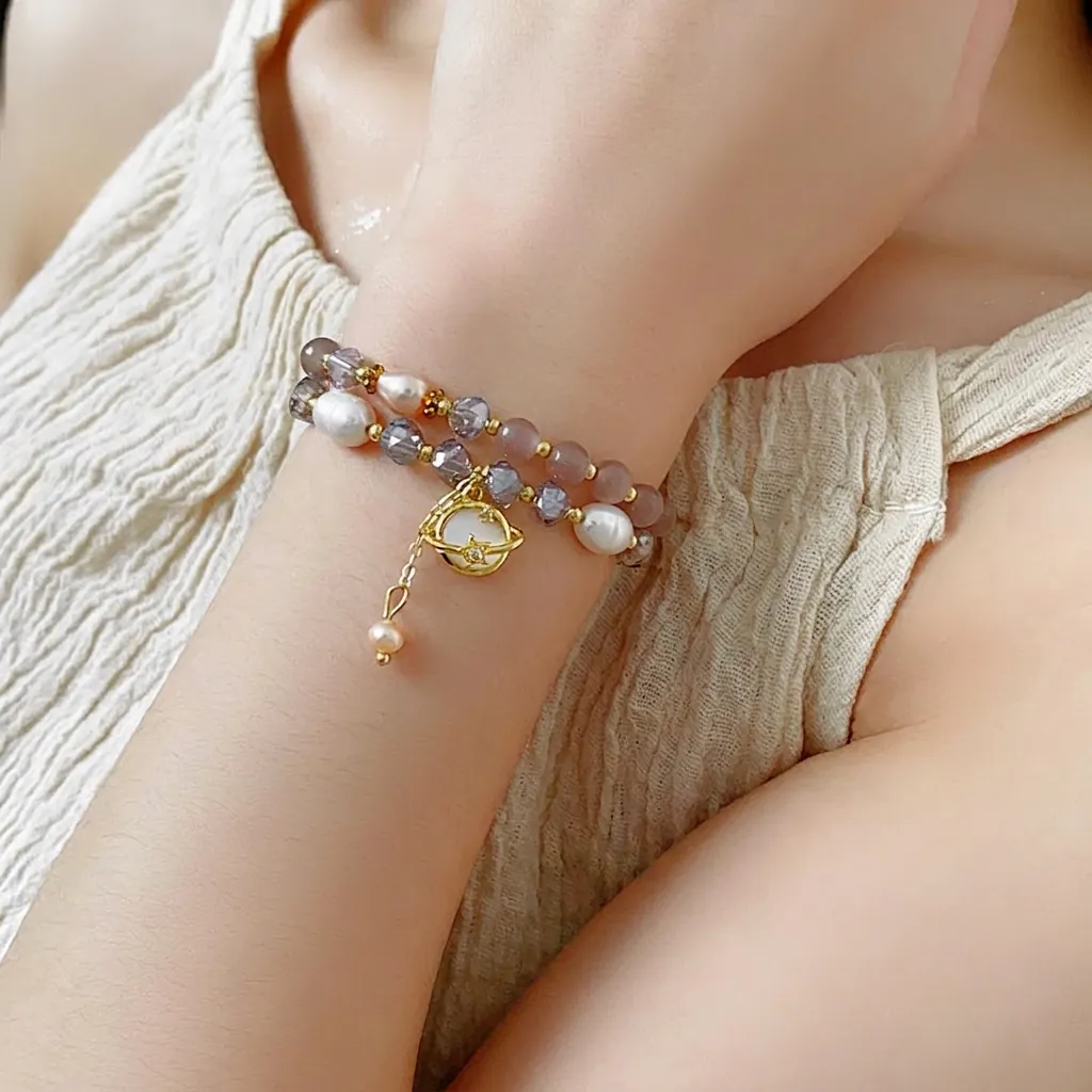 Bracelet Künstliche Perles Double Rangée Künstliche Perle Eau Douce Pierre Oeil De Chat Cristal Pendentif Planète Saturne Bijoux Pour Femmes