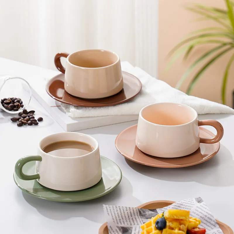 Keramik Kaffeetasse Und Untertasse Nordisch Retro Farblock Becher Mit Rundem Griff Hitzebeständige Teetasse