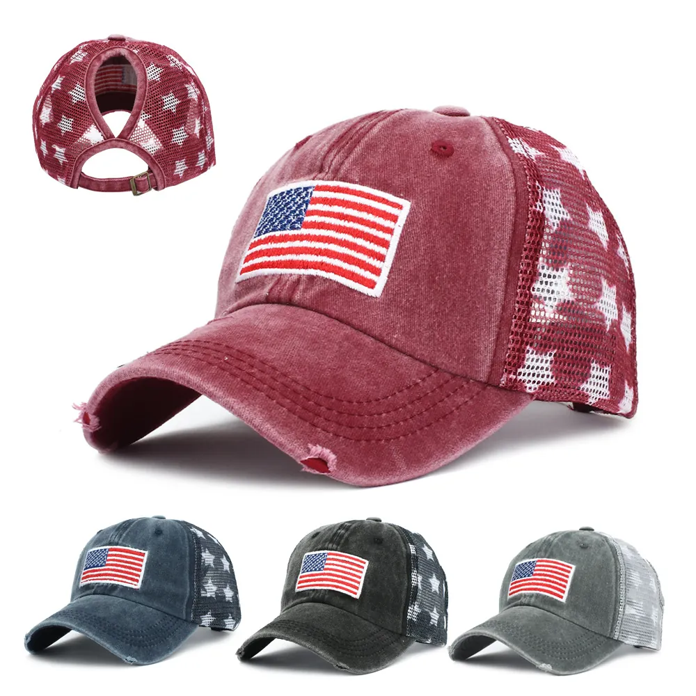 Washed Cotton Mesh Baseball Cap USA Flag Embroidery Ponytail Hole Distressed Retro Sun Hat For Women