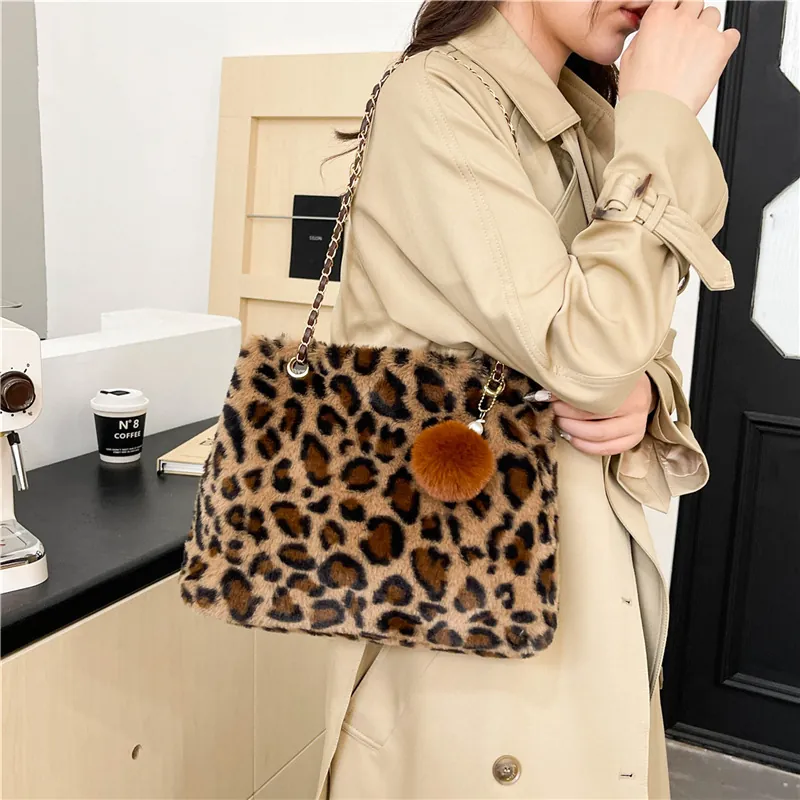 Leopard Print Artificial Fur Tote Bag Large Capacity With Metal Chain Strap And Fur Ball Charm Women Chic Daily Autumn Winter