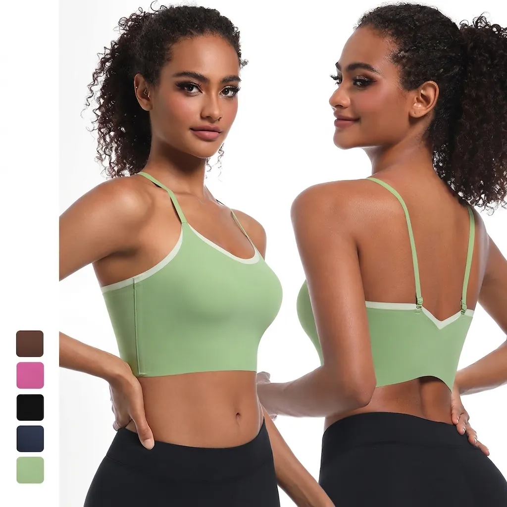 Women Color Block Sports Bra Cross Back Thin Straps Padded Yoga Top Running Fitness Gym Vest Nylon Spandex Activewear