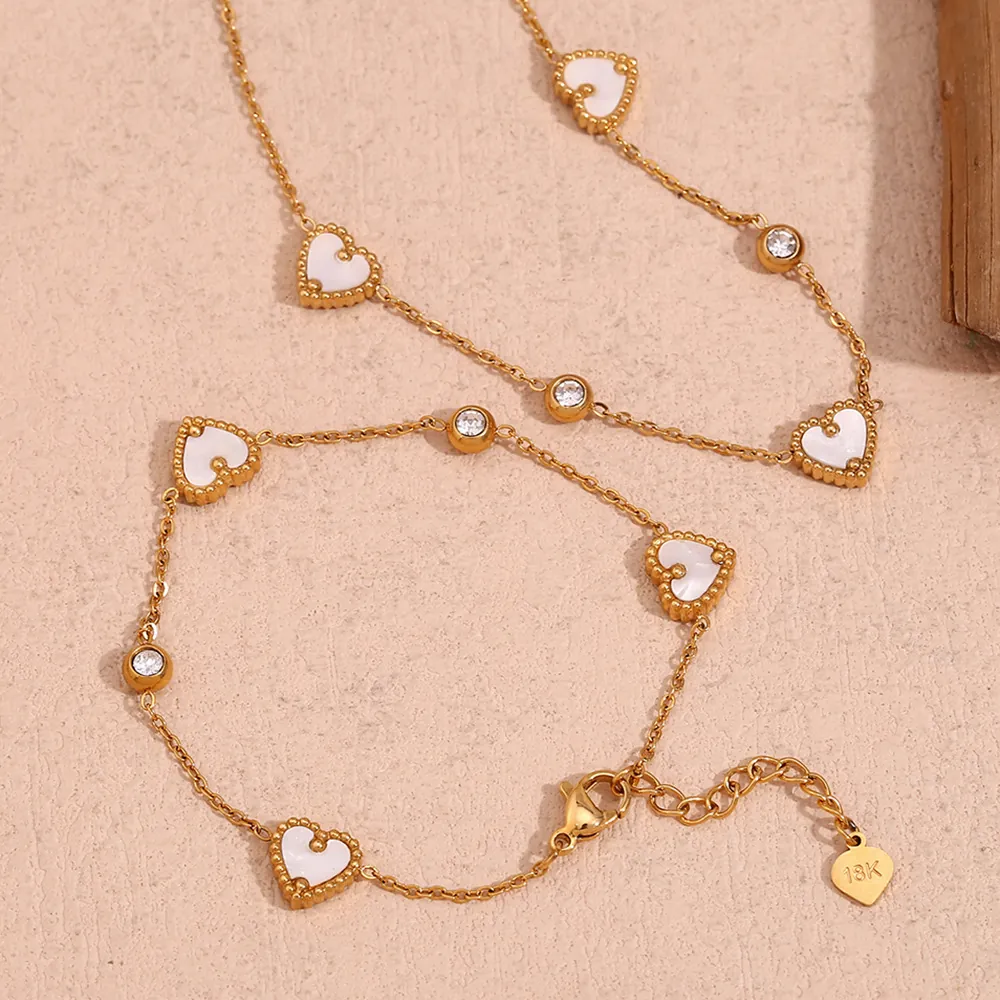 Elegant Stainless Steel 18K Gold Plated Heart Necklace Bracelet Jewelry Mother Of Pearl Rhinestone For Women Fashion Accessory
