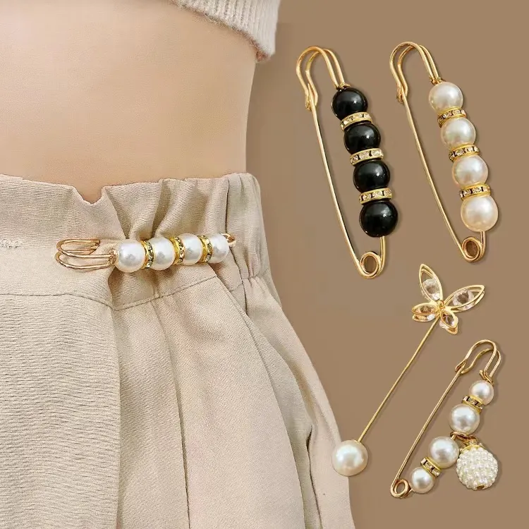 Elegant Artificial Pearl Alloy Brooches For Women Rhinestone Safety Pins Anti Exposure Waist Adjustment Buckles Fashion Accessory