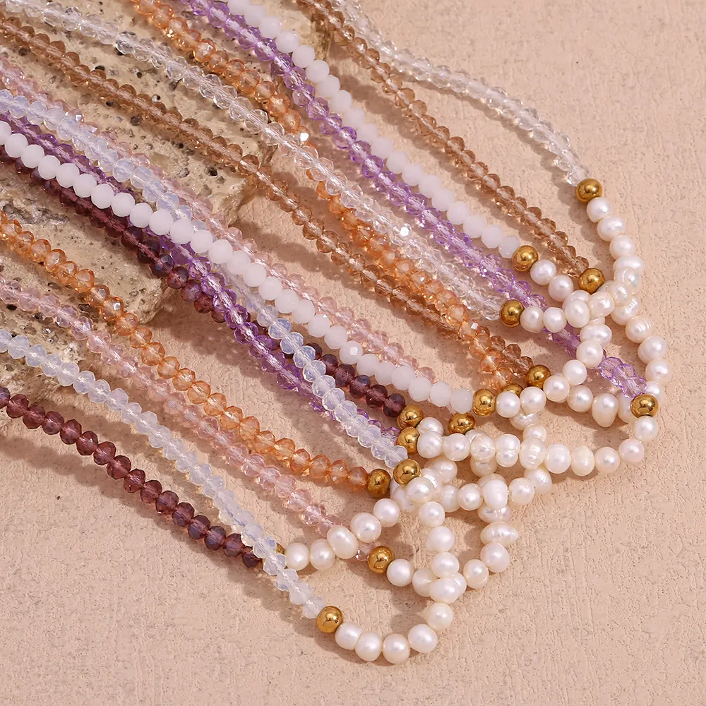 Stainless Steel Handmade Beaded Necklace With Freshwater Pearl And Faceted Rhinestone Elegant Fashion Jewelry For Women