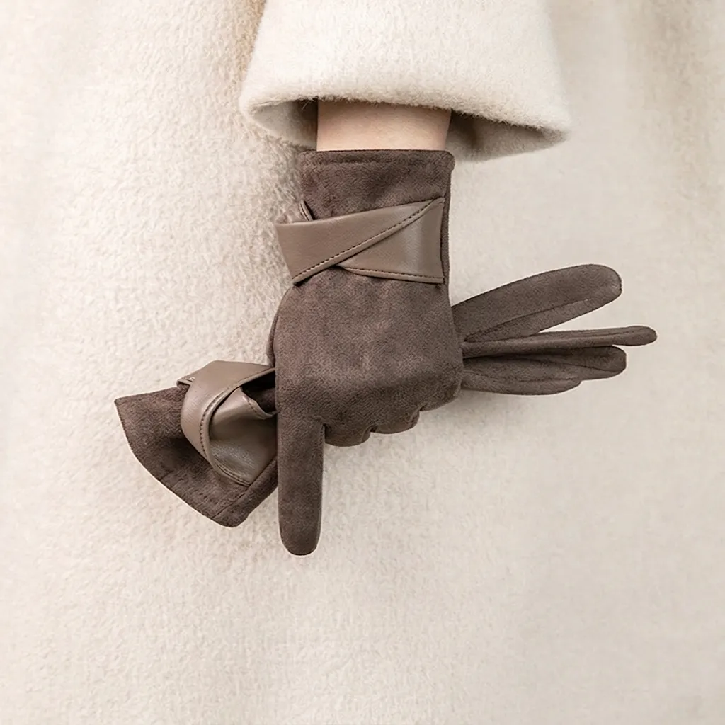 Gants Hiver Chauds Femme Cuir Artificiel Imitation Daim Écran Tactile Coupe-Vent Nœud Doublé Polaire Épaissis Gants