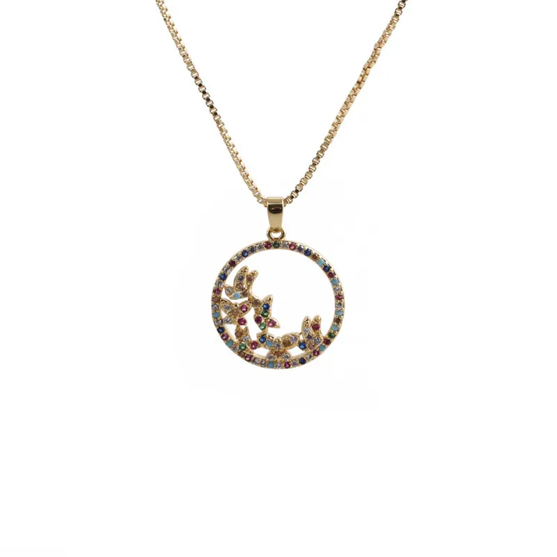 Collier Pendentif Papillon Cuivre Zircon Coloré Rond Creux Chaîne Boîte Bijoux Élégant Cadeau Femmes Étudiantes