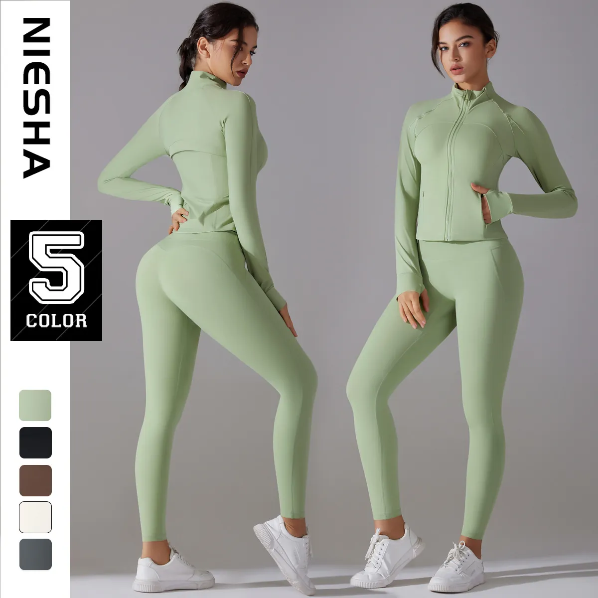 Women Top And Bottom Yoga Tracksuit Long Sleeve Stand Collar Zipper Jacket High Waist Slim Fit Leggings Workout Sportswear