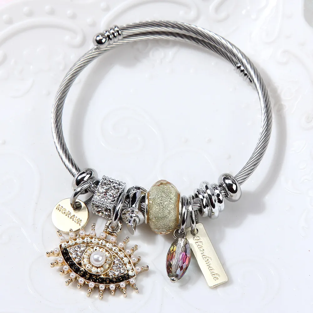 Evil Eye Bangle Bracelet Stainless Steel With Rhinestone Imitation Artificial Pearl Glass Beads Charms Adjustable Bohemian Jewelry For Women