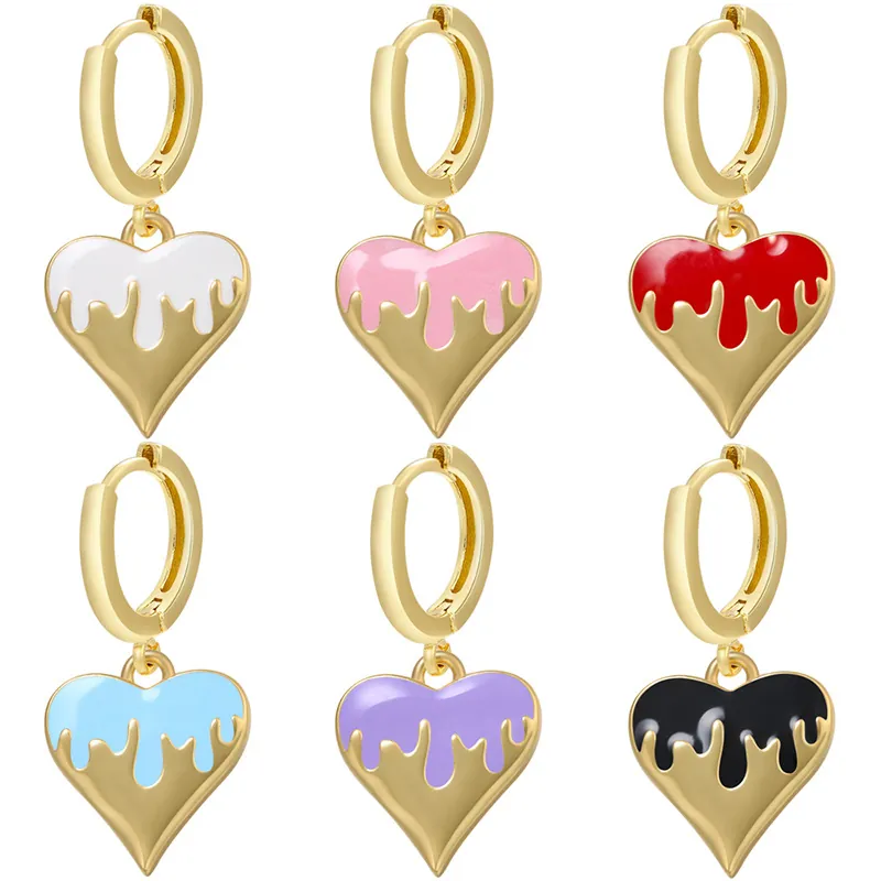 Fashion Melting Enamel Heart Pendant Drop Earrings Gold Plated Copper Heart Shape Huggie Hoop Earrings For Women Jewelry Gift