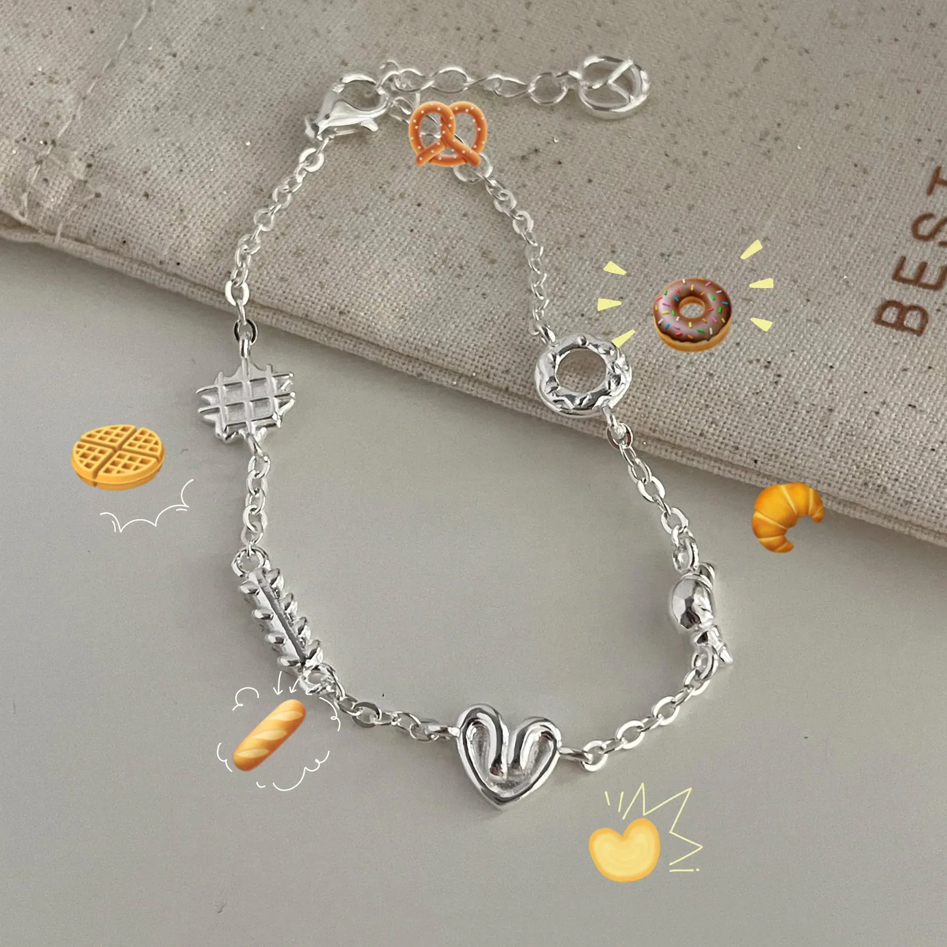 925 Sterling Silver Bracelet For Women Korean Style Donut Pretzel Croissant Waffle Food Theme Pendants Sweet Niche Jewelry