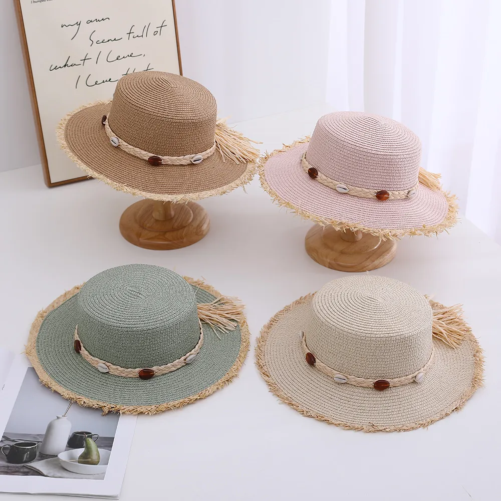 Straw Boater Hat Fringed Edge Shell Wood Bead Decor Sun Protection Wide Brim Vacation Style For Women