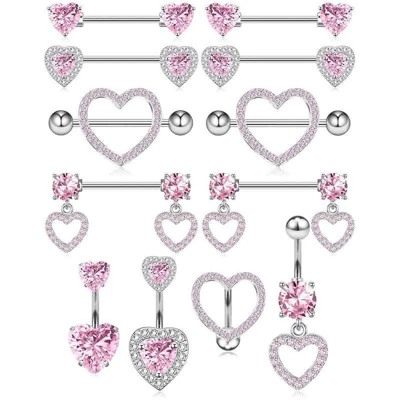 Stainless Steel Pink Zircon Heart Belly Rings And Nipple Rings Body Piercing Jewelry For Women Fashion Accessory