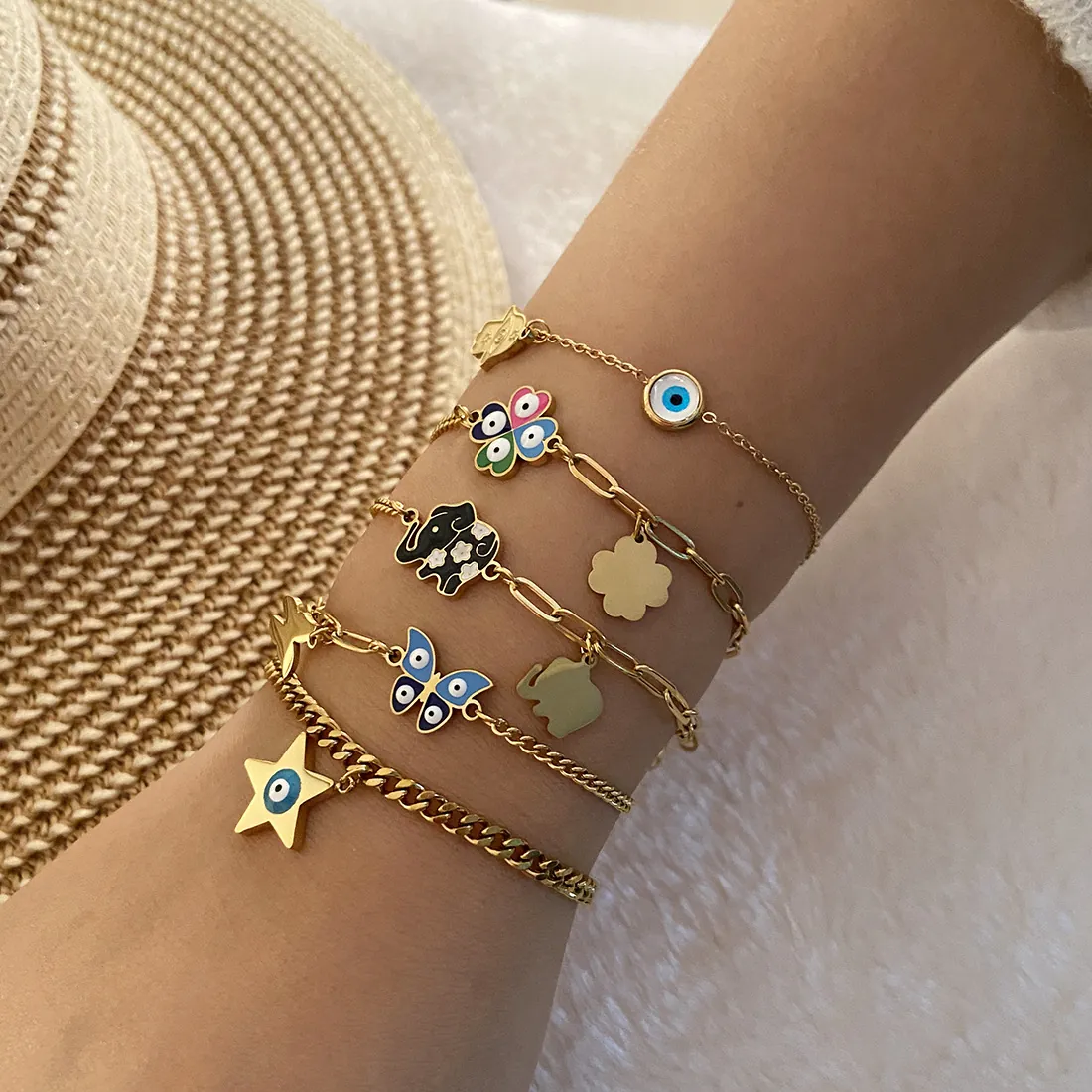 Evil Eye Stainless Steel Charm Bracelet For Women Gold Plated Enamel Butterfly Star Elephant Hamsa Adjustable Jewelry