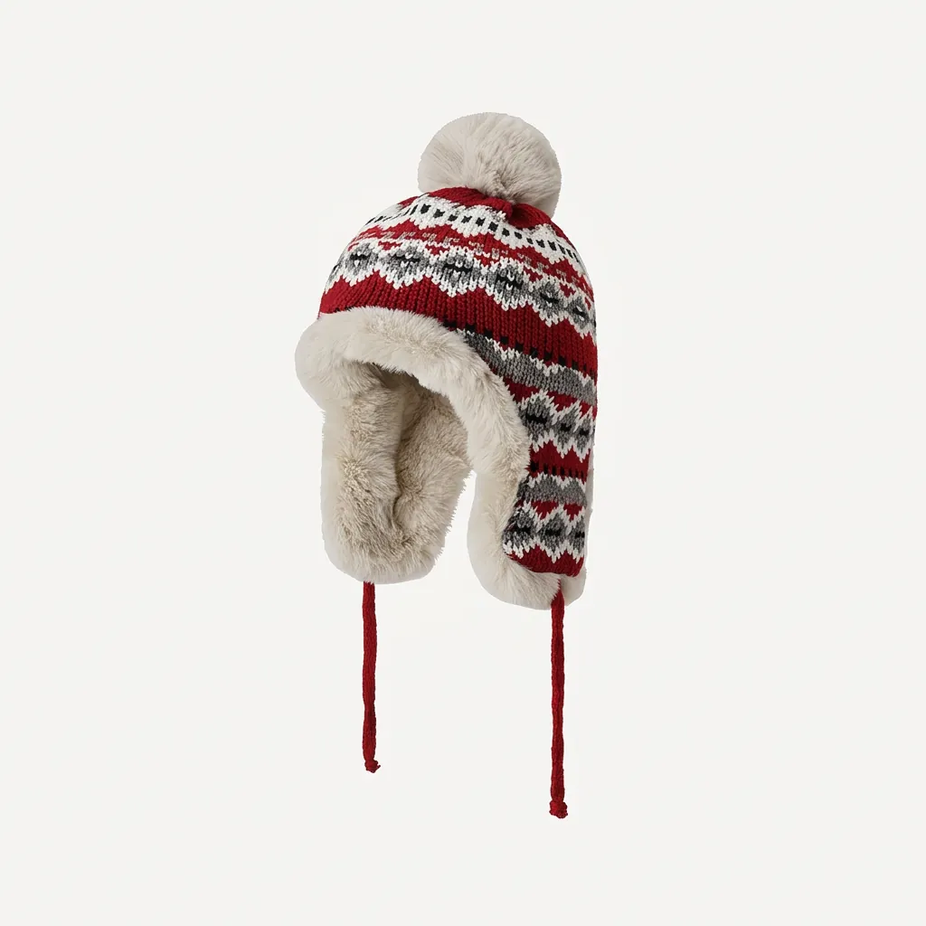 Chapka en Tricot pour Femmes avec Doublure en Fausse Fourrure et Pompon Motif Ethnique Bonnet Aviateur Chaud Coupe-Vent