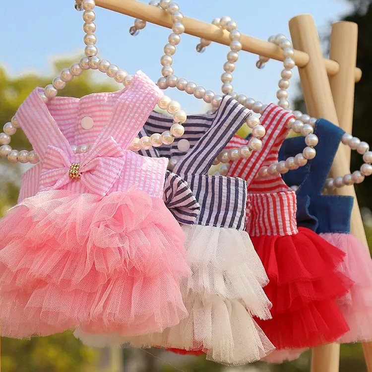 Pet Princess Dress Striped Tulle Tutu Skirt With Bowknot For Small Dogs Cats Summer Breathable Puppy Apparel