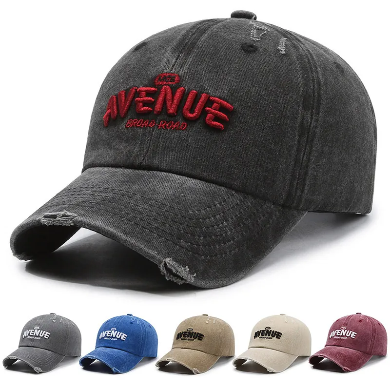 Vintage Washed Cotton Baseball Cap Distressed Worn Design Embroidery Avenue Broad Road Adjustable Retro Unisex Sun Hat