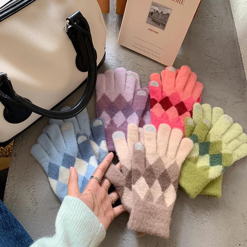 Women Argyle Knit Touchscreen Warm Gloves Winter Artificial Wool Jacquard Five Finger Riding Mittens For Students Outdoor Thermal Accessory