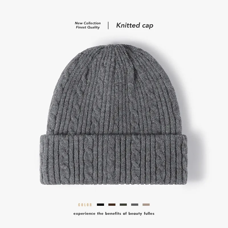 Cable Knit Beanie Hat Thickened Warm Cashmere-Like Winter Cuffed Solid Color Windproof Outdoor Skull Cap Men Women