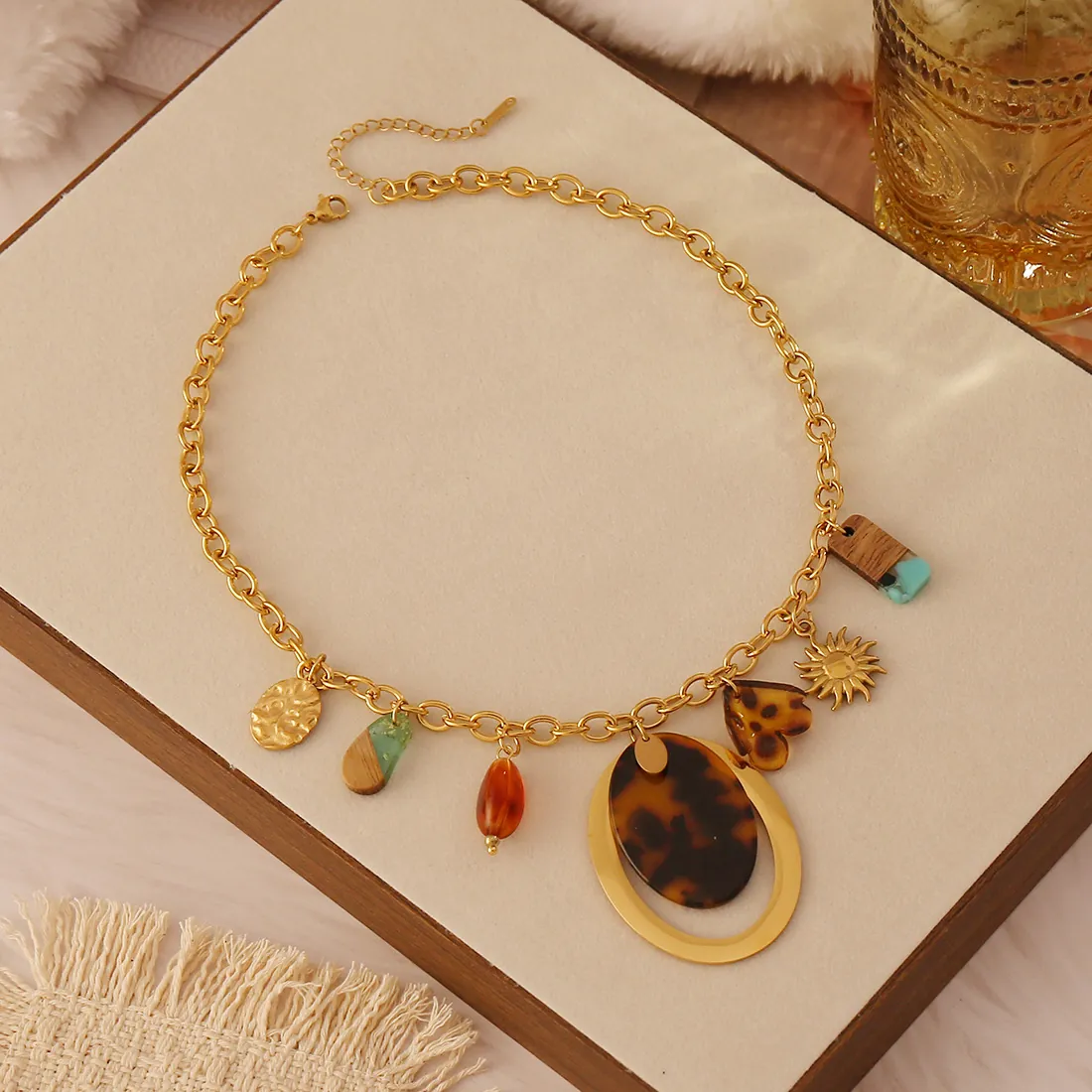 Collana Boema Retro Acciaio Inossidabile Resina Legno Stampa Leopardata Multionciondolo Fiore Sole Forma Cuore Gioielli Catena Clavicola