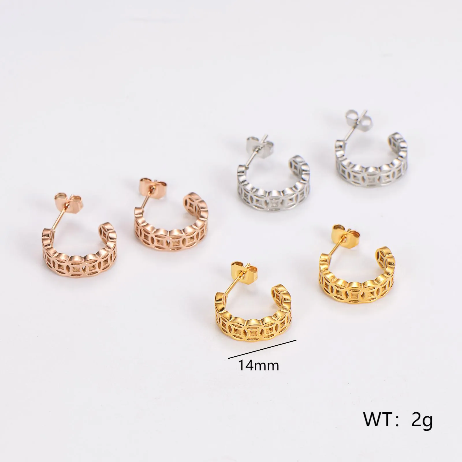 Stainless Steel C Shaped Stud Earrings Hollow Lucky Coin Pattern Retro Fashion Ethnic Jewelry For Women