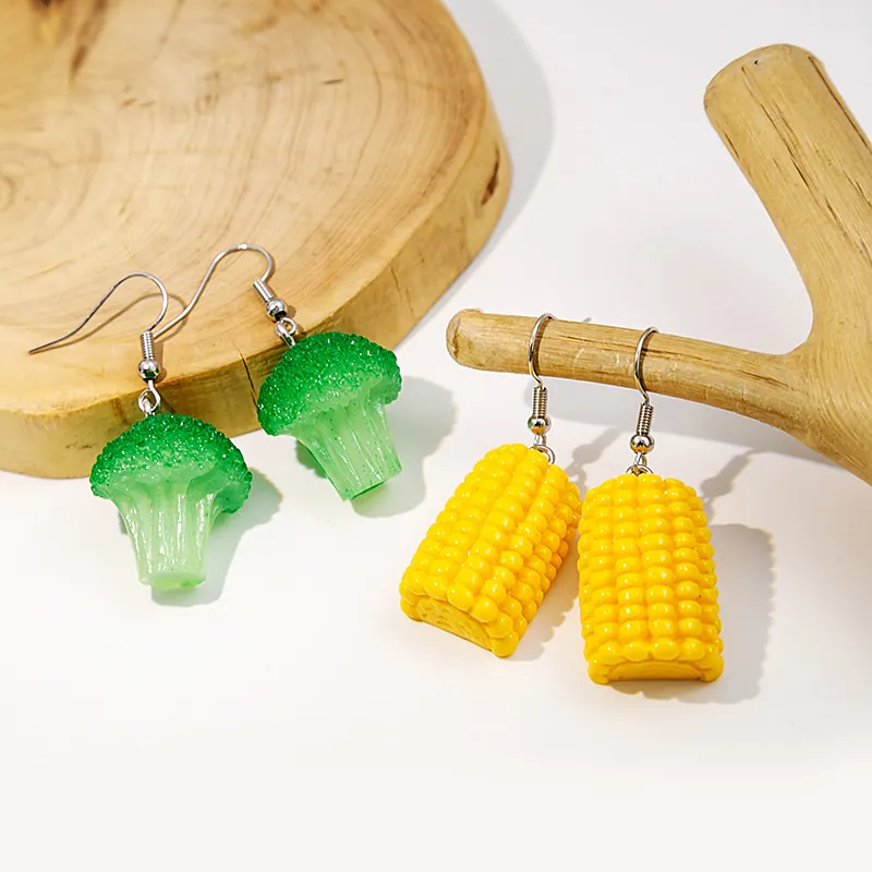Fun Simulation Vegetable Corn Broccoli Dangle Earrings Creative Resin Alloy Realistic Food Jewelry For Women Girls