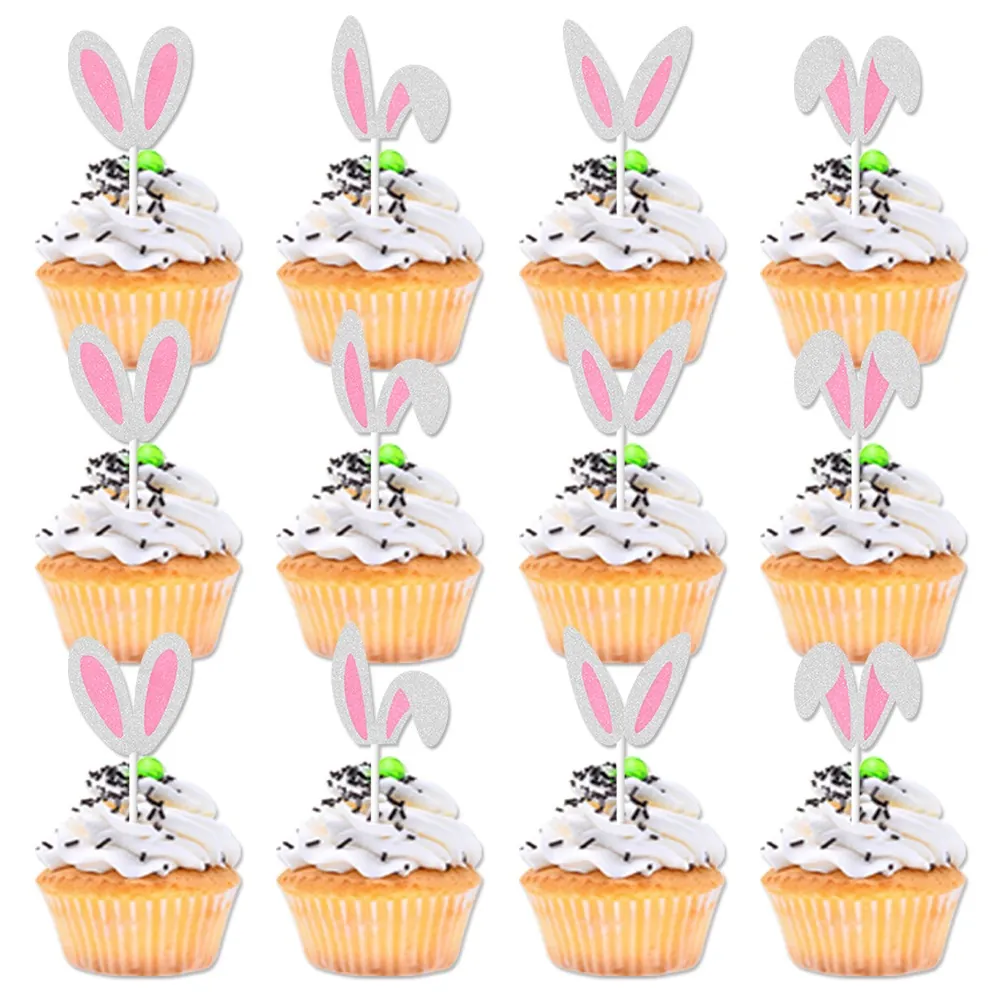 Bunny Ear Cake Toppers Glitter Paper Easter Party Decorations Rabbit Carnival Birthday Dessert Picks Silver Pink
