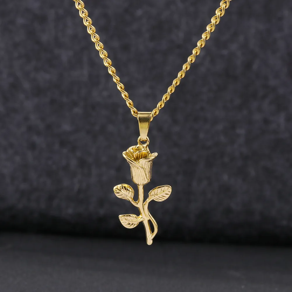 3D Rose Flower Pendant Necklace Stainless Steel Electroplated Personalized Elegant Jewelry Gift For Women Men