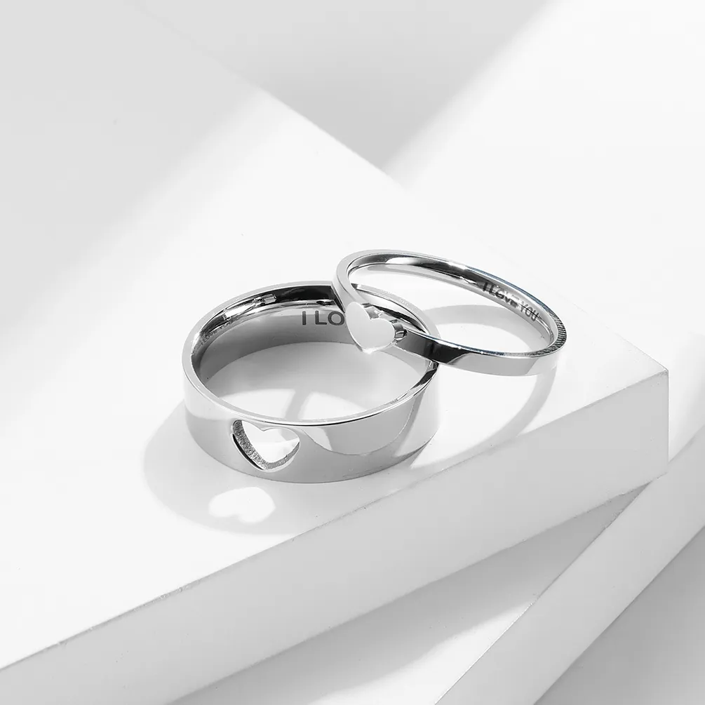 Minimalist Stainless Steel Hollow Heart Couple Ring For Men Women I Love You Engraved Proposal Engagement Promise Jewelry Finger Ring
