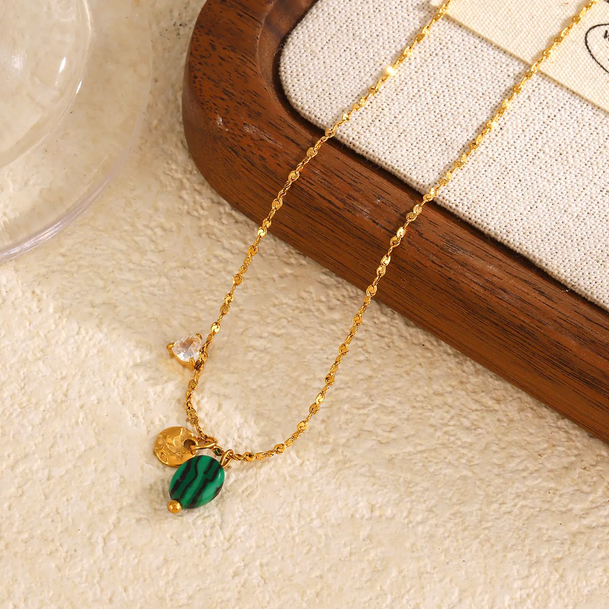 Collier Pendentif en Malachite en Acier Inoxydable pour Femme Mode Occidentale Hip Hop Strass Plaqué Or Bijoux de Chaîne