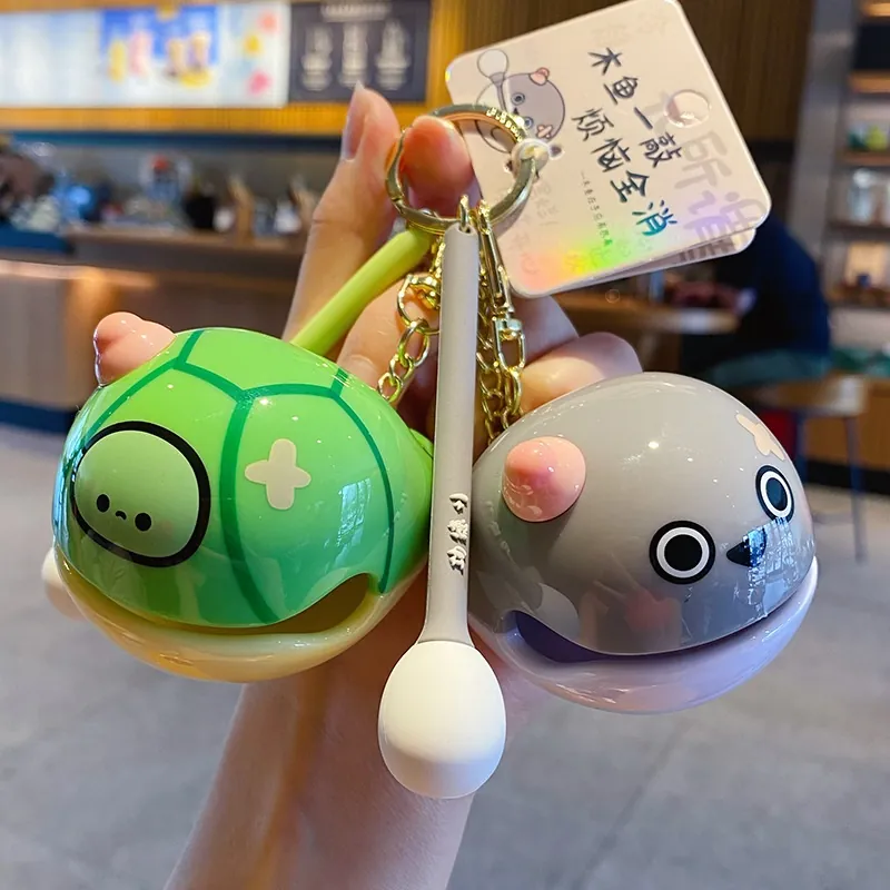 Cartoon Tier Holzfisch Schlüsselanhänger Stressabbau Spielzeug Mit Kleinem Schlägel Taschenanhänger ABS Kunststoff Panda