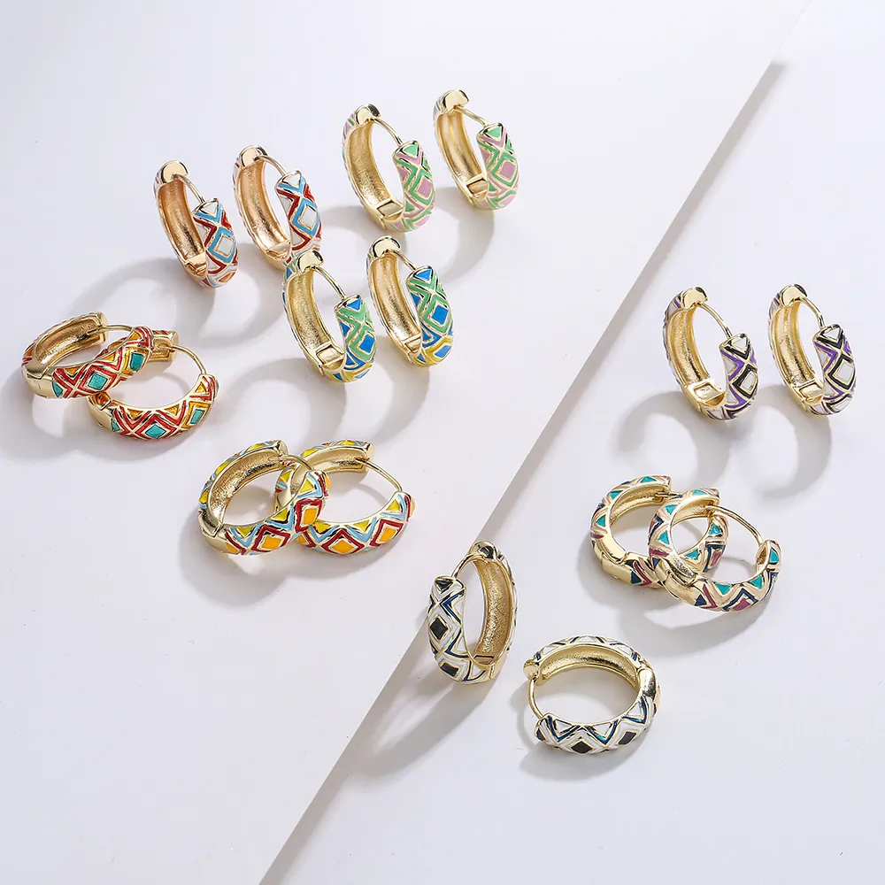 Geometric Enamel Hoop Earrings Copper With 18K Gold Plated Vintage Retro Bohemian Style For Women Colorful Chic Jewelry