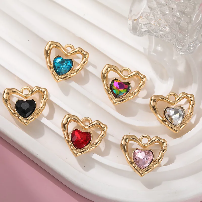Heart Charms Alloy Glass Rhinestone Hollow Out Colorful For DIY Jewelry Making Earring Necklace Keychain Decoration