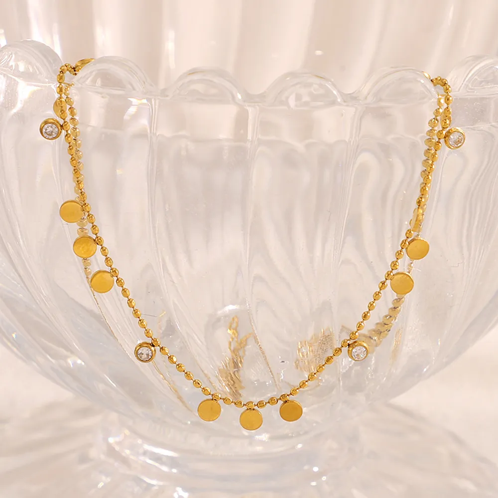 Collier Élégant En Acier Inoxydable Plaqué Or 18K Pour Femme Pendentif Disque Rond Zircon Chaîne À Billes Bijoux