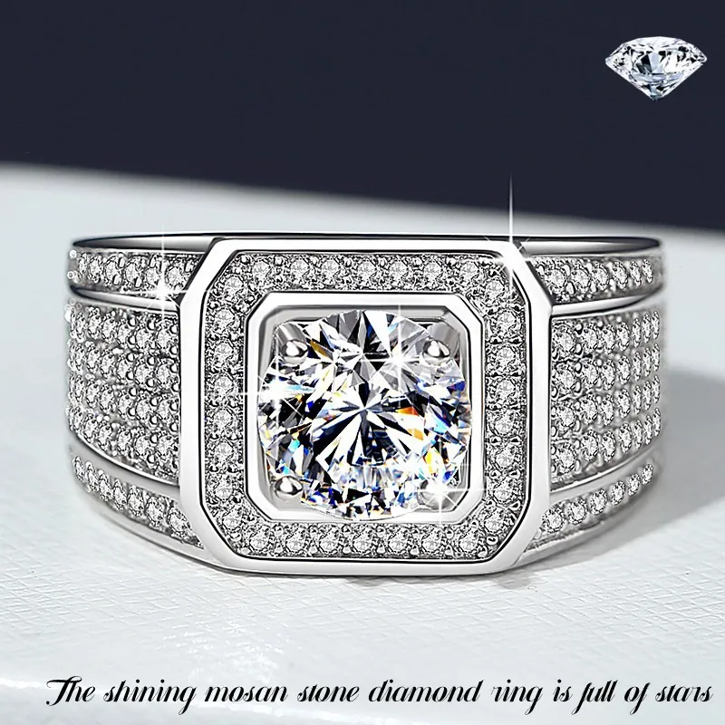 Herren Luxusring 925 Sterling Silber Moissanit Zirkon Quadratisch Pave Bling Business Schmuck