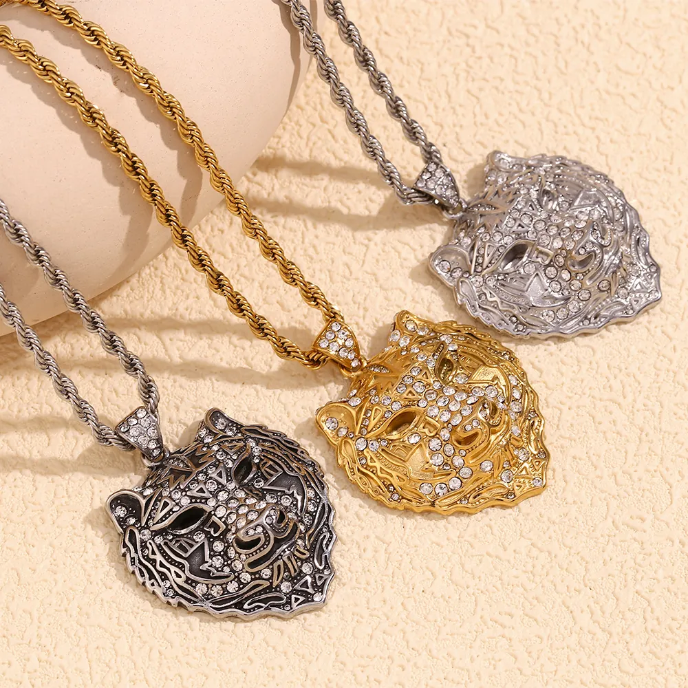 Tiger Head Pendant Necklace Stainless Steel Rhinestone 18K Gold Plated Hip Hop Style Men Fashion Jewelry Rope Chain
