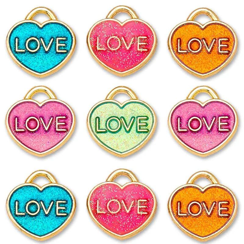 Colorful Heart Charms Alloy Glitter Enamel Love Letter Pendants For DIY Jewelry Making Earrings Keychain Accessories