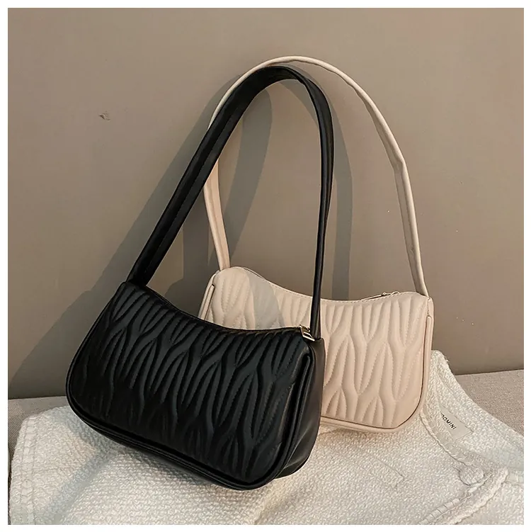 Women Fashion Pleated PU Leather Underarm Shoulder Bag Small Wavy Texture Solid Color Elegant Daily Handbag