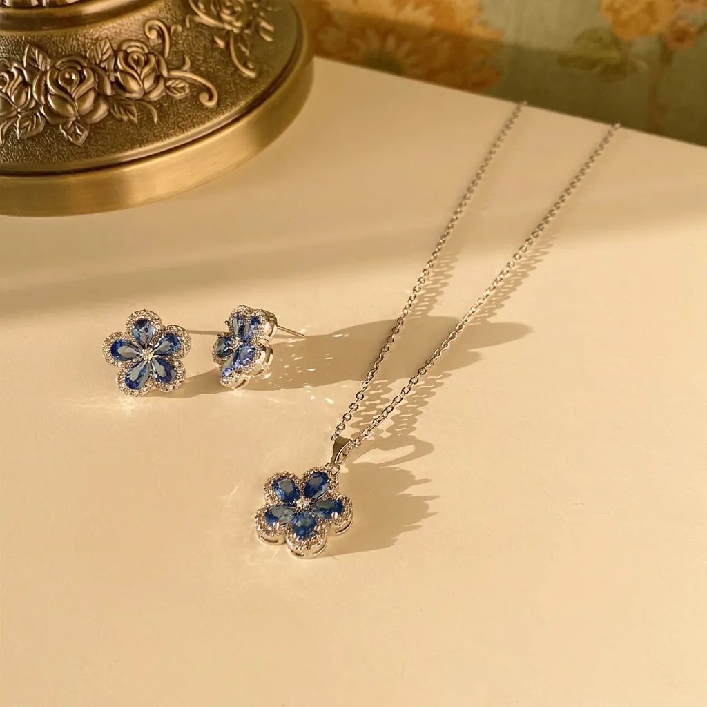 Blaue Blumenkette Und Ohrringe Mit Wassertropfen Zirkonia Elegant Mit Silber Ohrsteckern Luxus Schmuck Für Damen
