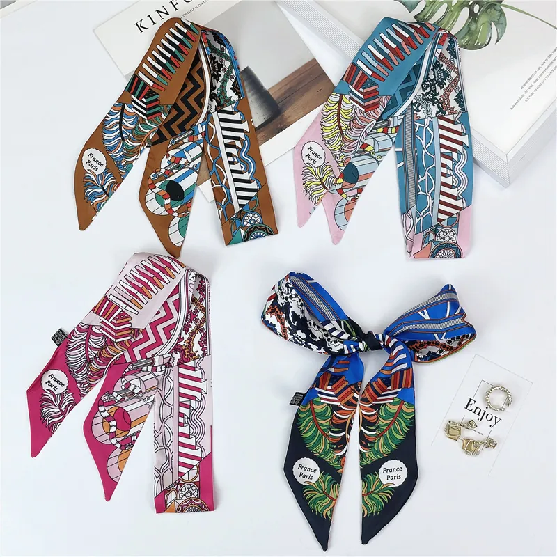 Long Narrow Scarf Faux Satin Ethnic Print Hair Tie Bag Handle Ribbon Retro Geometric Pattern Women Neck Scarf