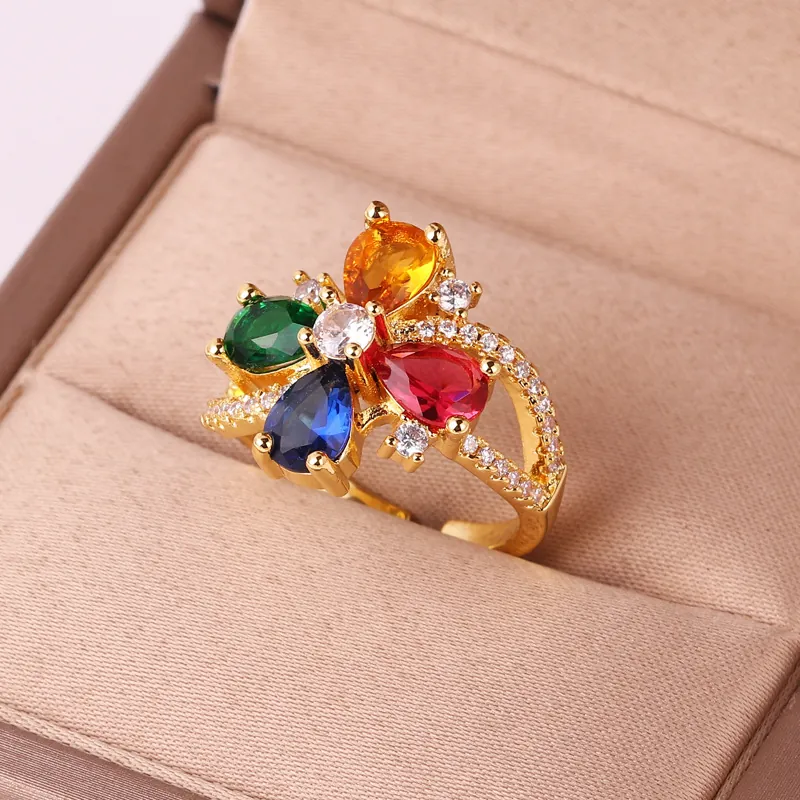 Anello Fiore Rame Zirconia Cubica Multicolore Micro Pavé Regolabile Aperto Placcato Oro Gioielli Moda Donna