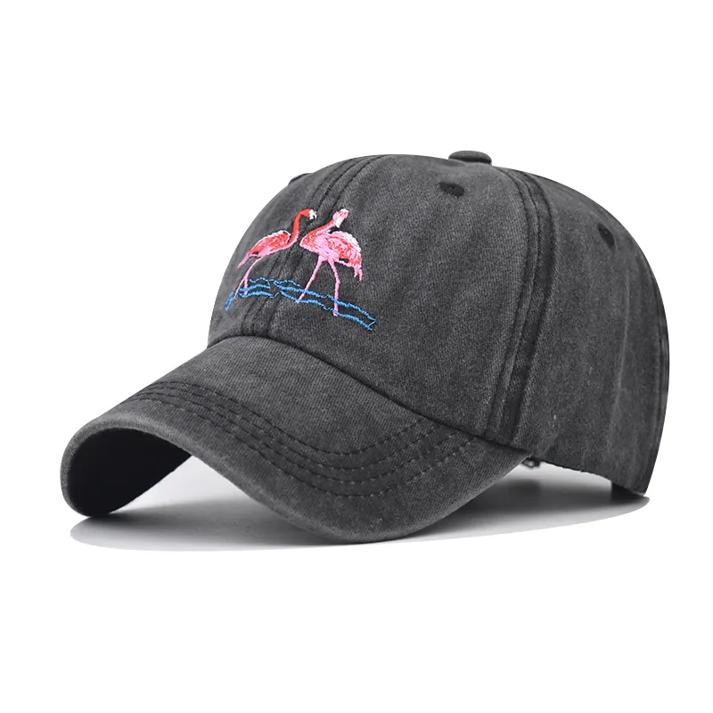 Baseball Cap Flamingo Embroidery Washed Cotton Distressed Style Adjustable Strapback Retro Outdoor Sun Hat